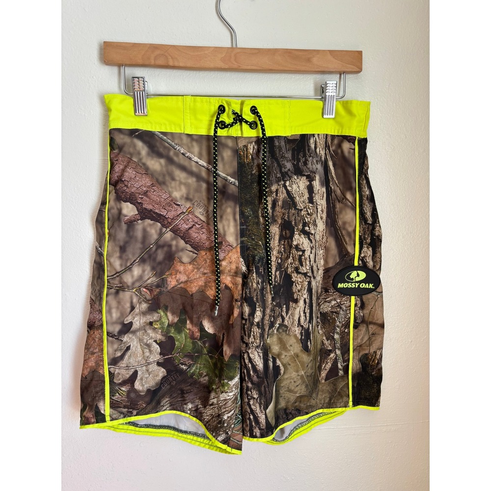 Mossy Oak Mens‎ Camo Swim Trunks Neon Yellow Break-Up Country Small